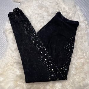 VOCAL STUDS AN D STONES BLACK WASHED LEGGINGS LACE ANKLES